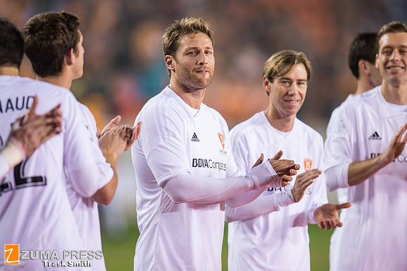 Juan Pablo Galavis, star of ABC's The Bachelor, plays soccer in the Brian Ching Testimonial Match