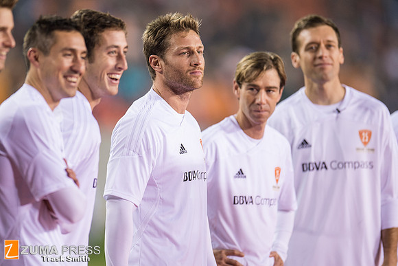 Juan Pablo Galavis, star of ABC's The Bachelor, plays soccer in the Brian Ching Testimonial Match