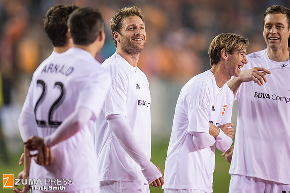 Juan Pablo Galavis, star of ABC's The Bachelor, plays soccer in the Brian Ching Testimonial Match